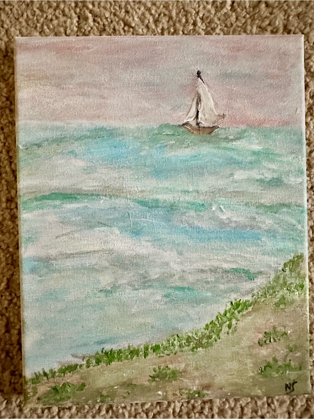 Original Seaside Sailboat Canvas Painting in Soft Pastel Colors